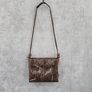 Basix New York Snake Print Textured Leather Shoulder Bag Brown Black Beads Strap